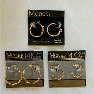 Vtg Monet 14K Gold Hoop Earrings Set